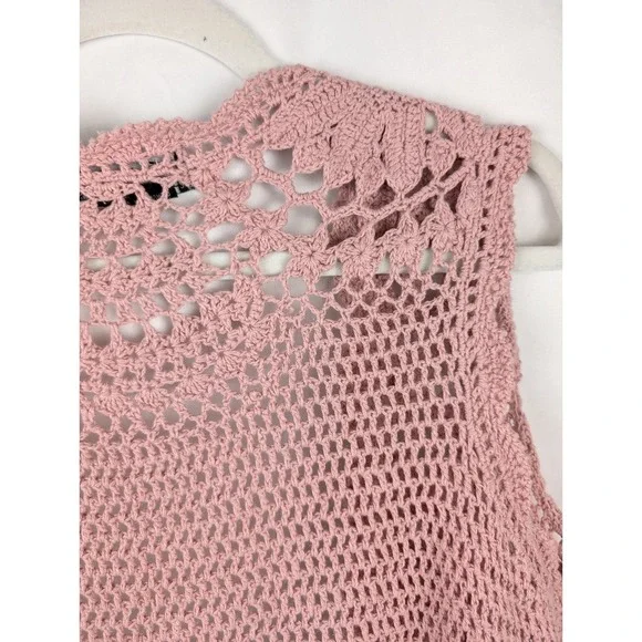 Vtg Y2K Lace Fairy Crochet Sleeveless Cardigan Sz L Pink Coquette Twee Festival - Picture 7 of 9